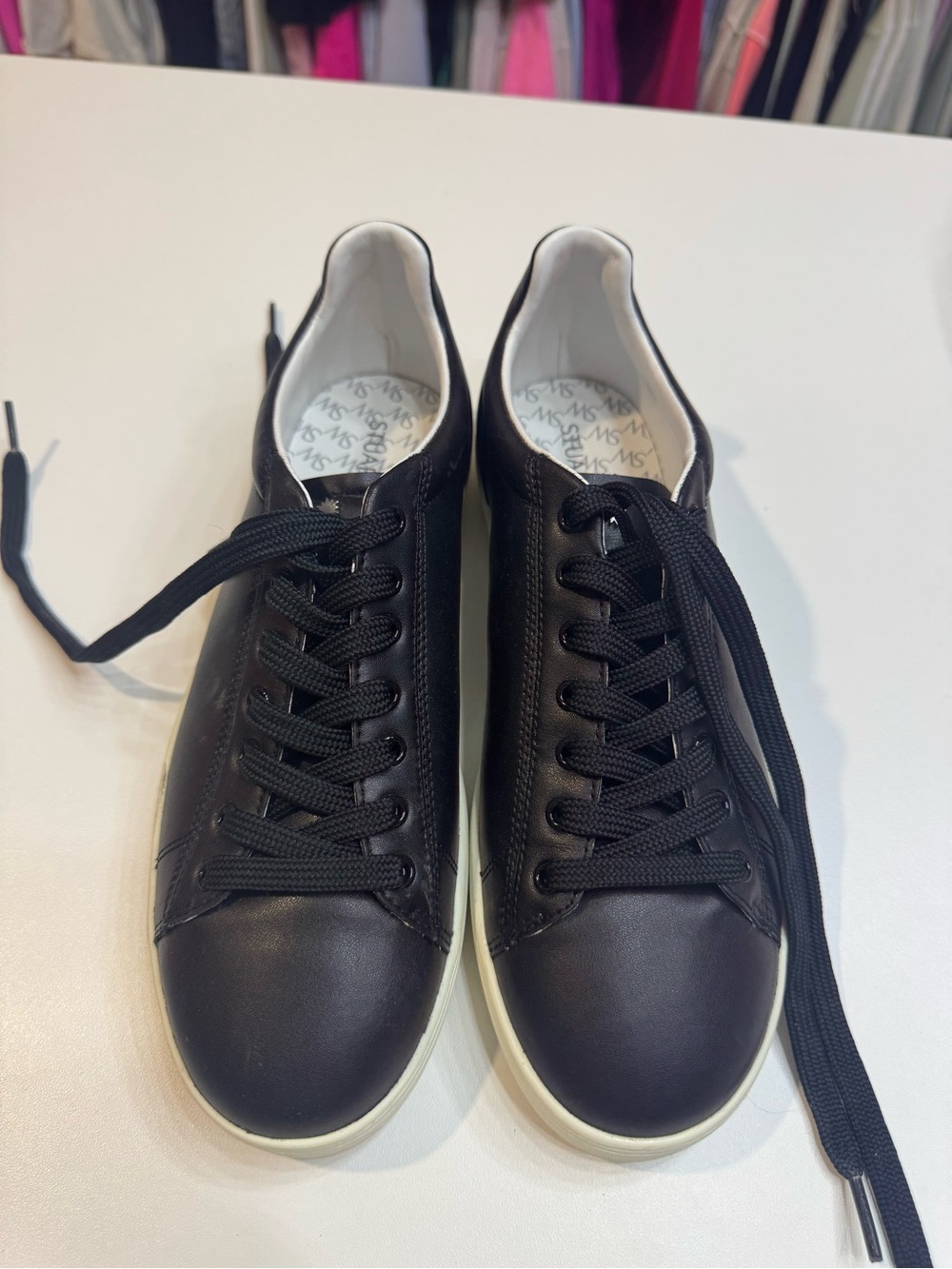 Stuart Weitzman Black Leather Low-Top Sneakers with White Sole
